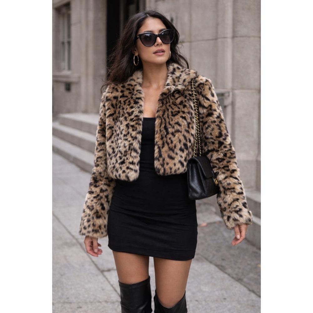 Leopard Faux Fur Jacket Luxe Mob Wife Glam Y2K Animal Print Cropped Coat SZ S